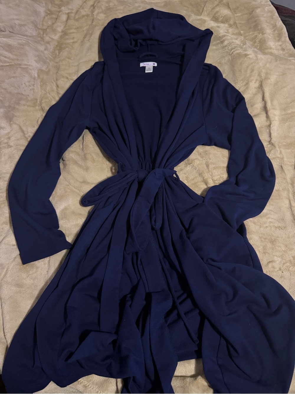 Bump In The Night Navy Hooded Maternity Nursing Robe with Waist Tie size Large